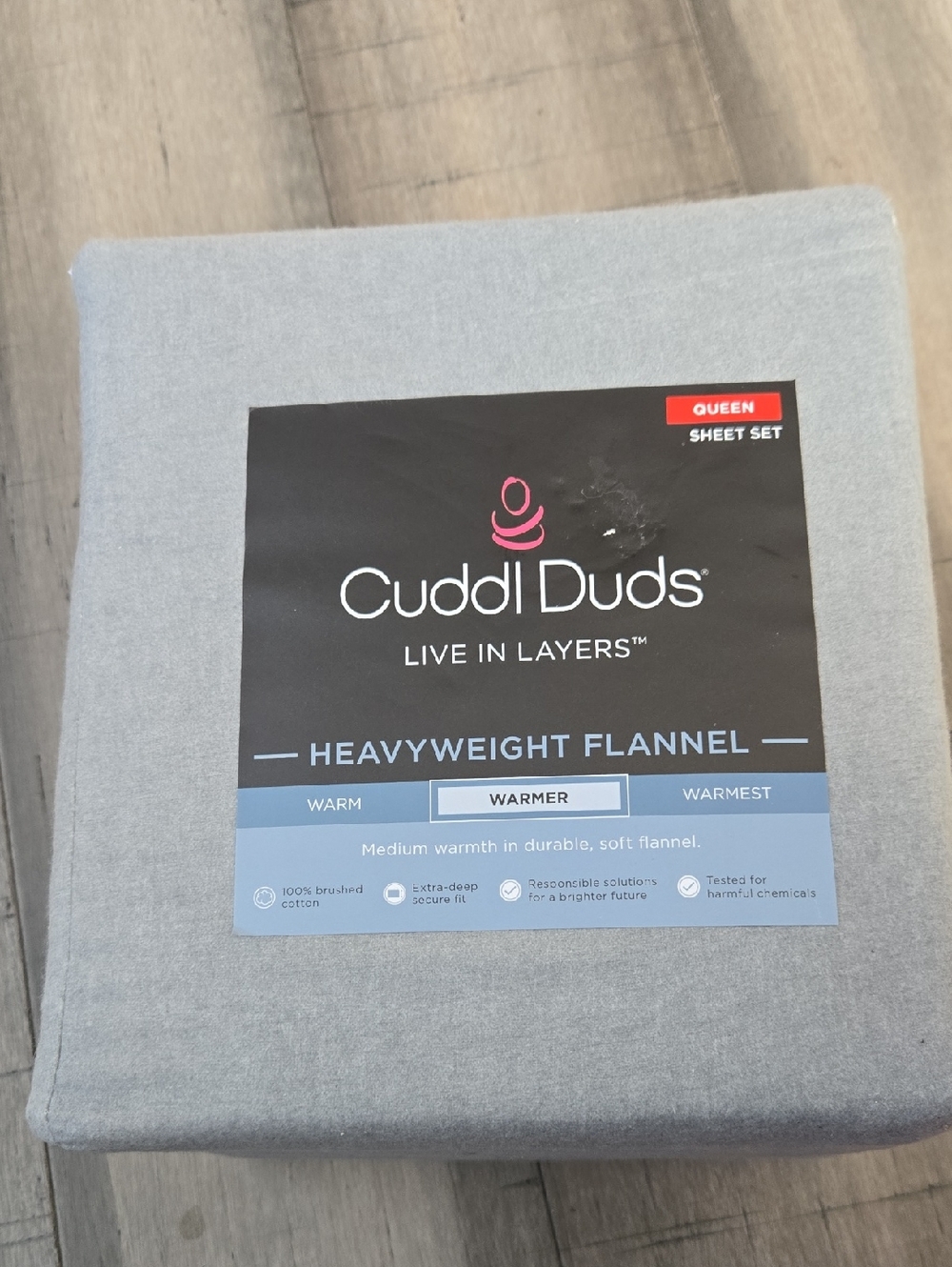Cuddl Duds Queen Heavyweight Flannel Sheet Set - Light Gray 100% Cotton